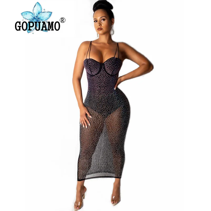 Сетчатое сексуальное облегающее платье со стразами женское Прозрачное без