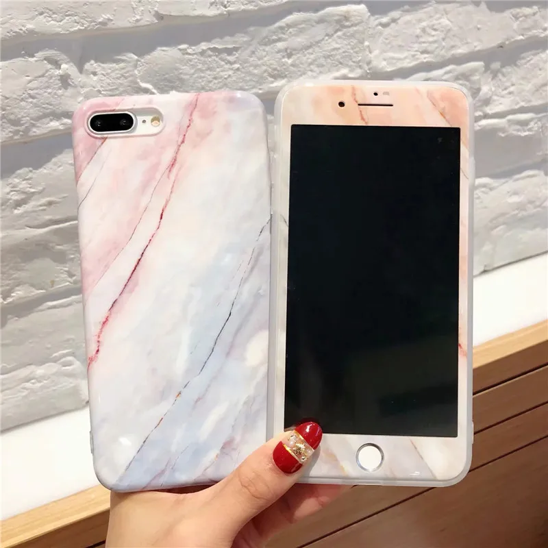 360 градусов полный корпус защитный чехол для iPhone X 6 6S 7 8 Plus модный мрамор камень Мягкий силиконовый чехол для iPhone 7 Чехол стекло