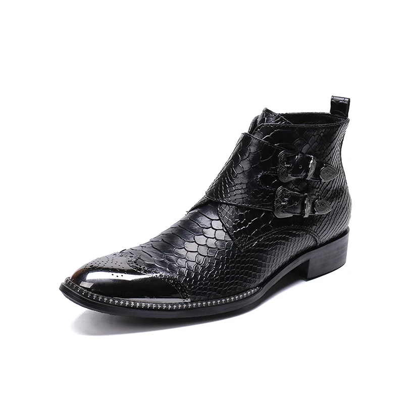 

NEW iron toe carved buckle pattern leather mens boots Italy style rivets handmade men shoes luxury increased male ankle boots