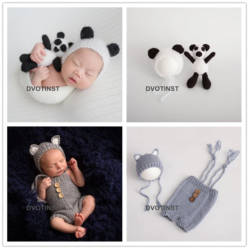 Dvotinst Baby Newborn Photography Props Panda Fox Hat+Doll 2pcs Set Crochet Knit Fotografia Accessories Studio Shoots Photo Prop