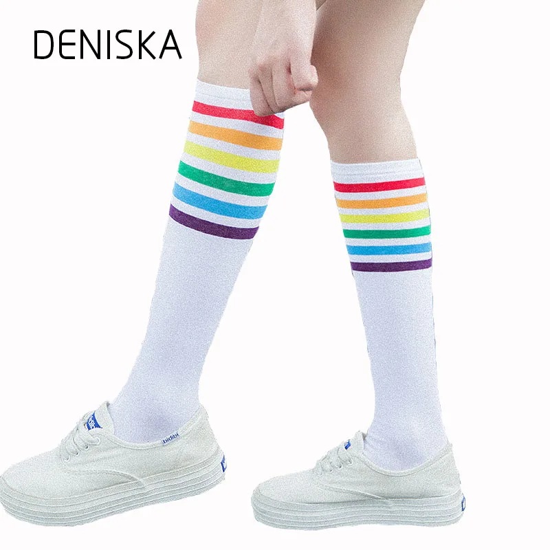 Японский Для женщин Радуга Полосатые Гольфы Осень милый студентов Обувь для