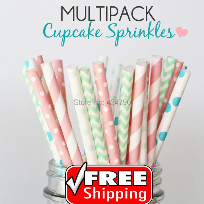 

250pcs Mixed 5 Designs CUPCAKE SPRINKLES Party Paper Straws, Baby Pink,Mint,Aqua Chevron,Striped,Swiss Dot,Polka Dot