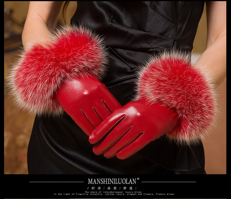 Genuine leather touch screen gloves woman high grade elegant fox fur winter keep warm gloves telefingers gloves for women MLZ019