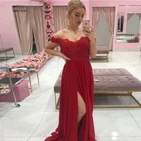 off shoulder evening dresses appliques boat neck a line red chiffon formal party gowns front split sexy full length evening gown