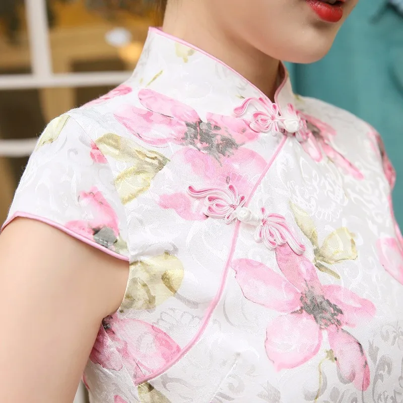 Китайский Чонсам Qipao платья короткие Новый шаблон мода печать жаккард хлопок