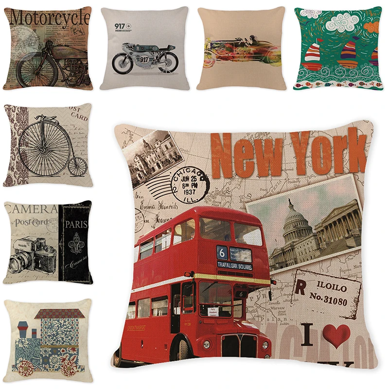 Винтажный хлопковый льняной чехол для подушки с принтом дорожного движения