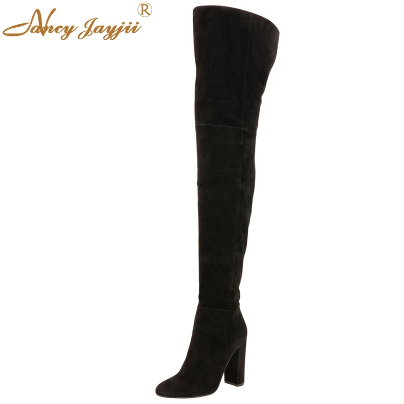 

Nancyjayjii Women Winter Black Round Toe Suede Over the Knee High Heels Boots Shoes for Woman,botas zapatos mujer