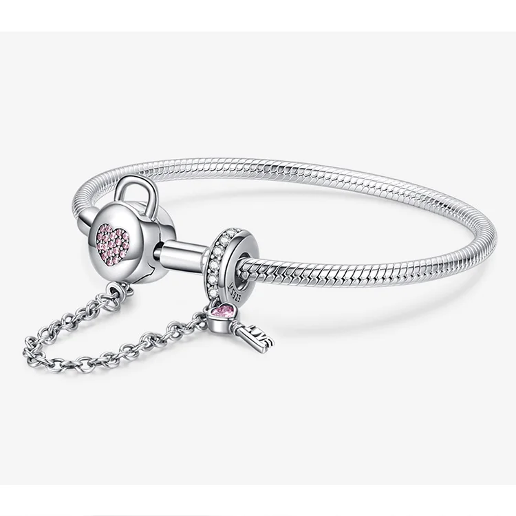 Geoki 925 стерлингового серебра микро Розовый CZ ключ и замок браслет fit Pandora Подвески оригинальные шарики на страховочной цепочке браслет, женская бижутерия