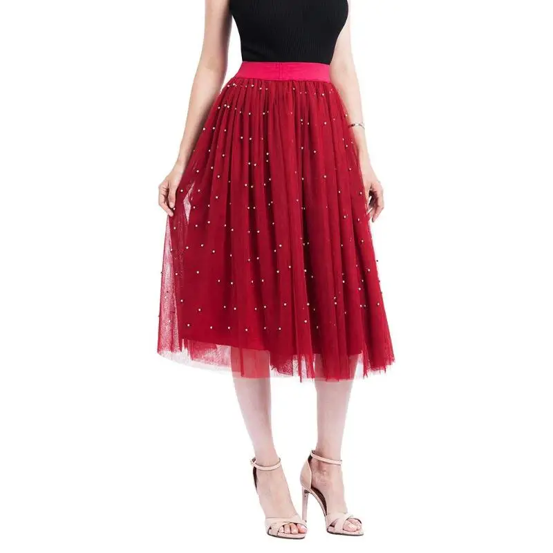 2018 летние Для женщин Бисер сетки юбка миди Тюлевая женский серебряный