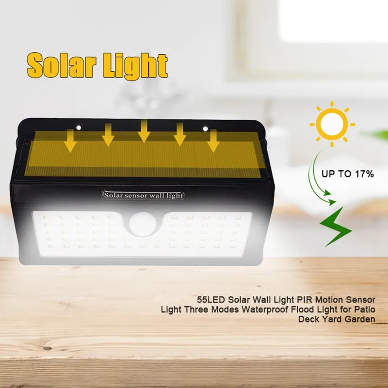 55 LED Солнечный свет настенный светильник PIR датчик движения три режима