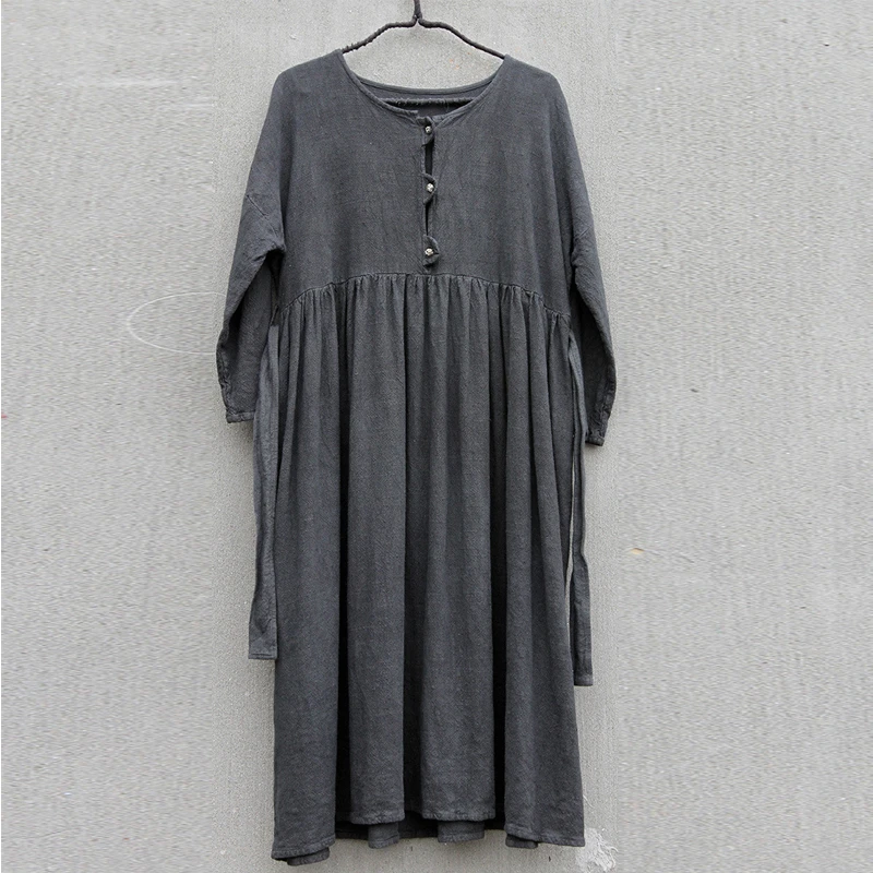black gray Johnature, льняное длинное платье, женское платье, длинный рукав, осень, новое, винтажное, свободное, черное, серое, теплое, повседневное, короткое, пэтчворк платье - Цвет: black gray