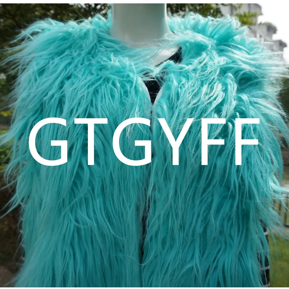GTGYFF woman shaggy fluffy long sleeve fake faux fur jacket coat women warm garment mint green S-XXXL women's artificial coats
