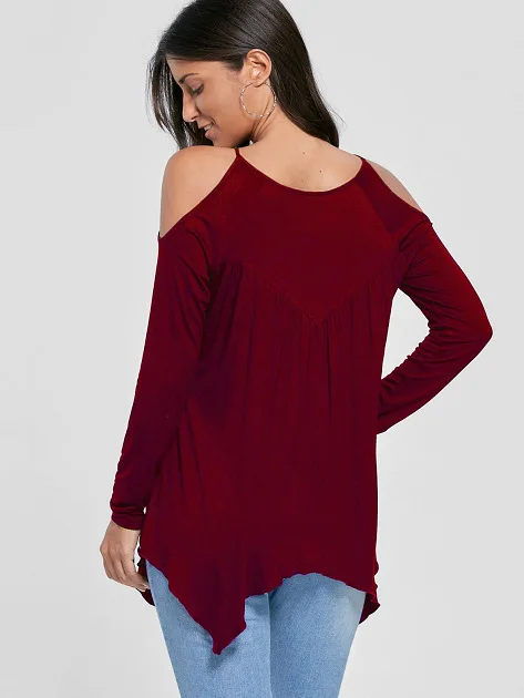

spring autumn casual loose long sleeve cold shoulder female tee t-shirt solid hollow out woman t-shirt