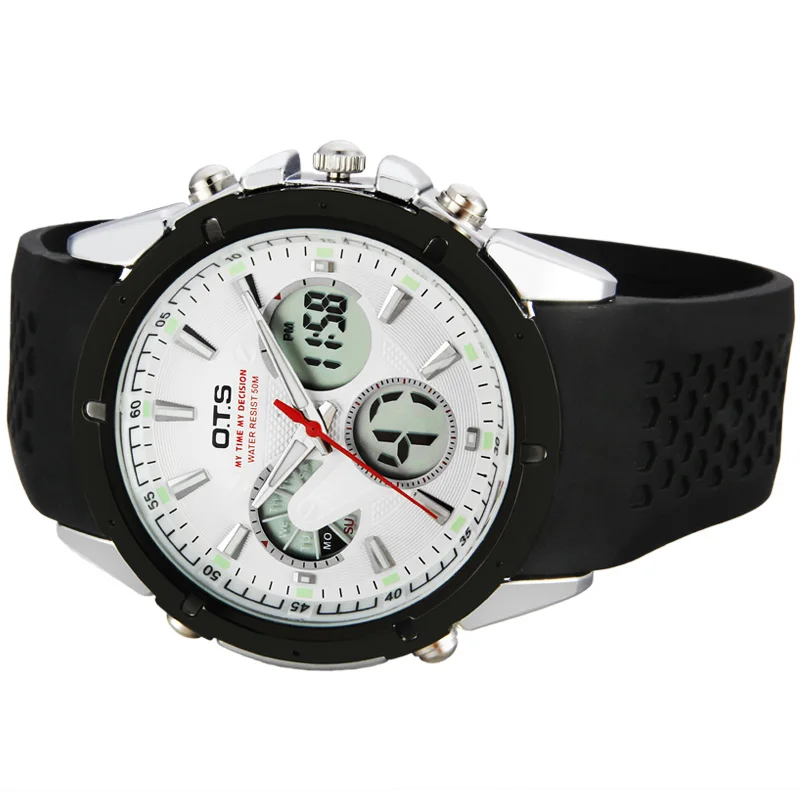 OTS спортивные часы dual time Авто Дата День светодиодный Будильник черный резиновый