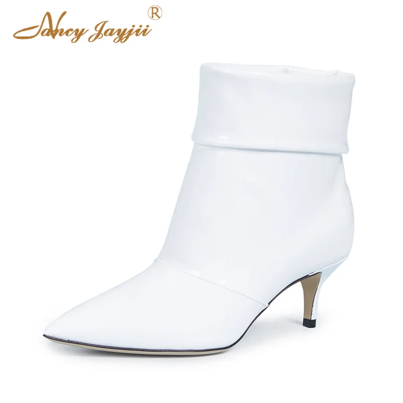 

Nancyjayjii Turned-Over Fashion Women’S Ankle Boots White Patent Leather Pointed Toe High Thin Heel Woman’S Booties Winter Shoes