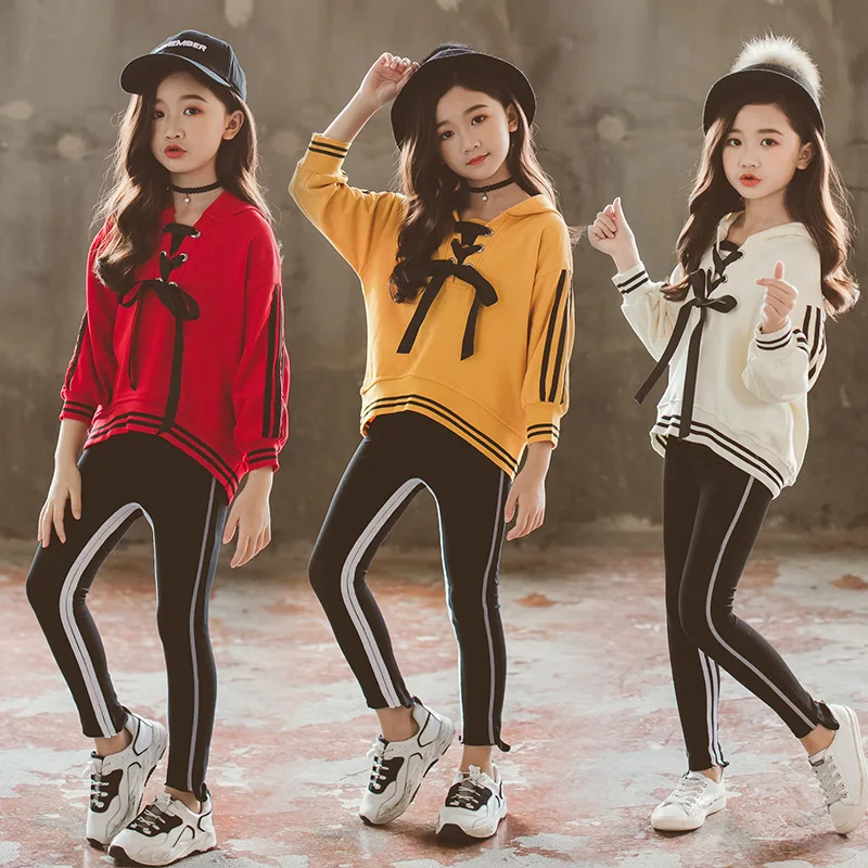 

Autumn Girls Clothes 2pcs Sets Long Sleeve Hooded Lace T-shirt+Pants Suits Teenager Casual Clothes Sets Tracksuit Girls Clothing