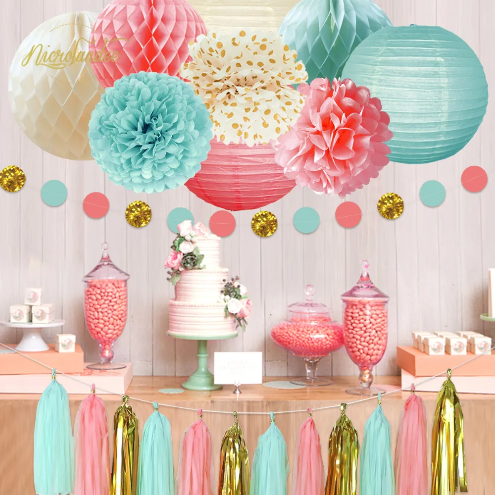 

NICROLANDEE 22 pcs/set Pink Blue Refreshing Summer Party Decoration Paper Lantern Flower Tissue Tassel Decor Home Party DIY