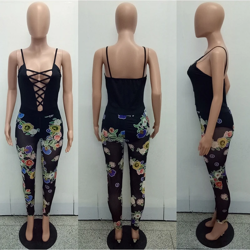 2017 Летний Стиль Сетки Бинты Комбинезон Цветок Цветочный Принт Bodycon Длинные Брюки