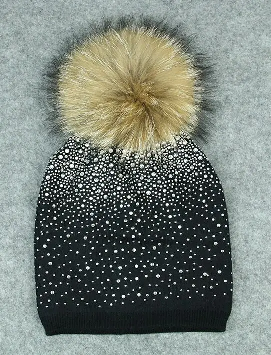 black KUE019 Natural Fur Pom pom Knitted Hat Winter Wool Women Genuine Fur Ball Bobble Knit Beanies Bonnet Bones Skullies Rhinestone - Color: black