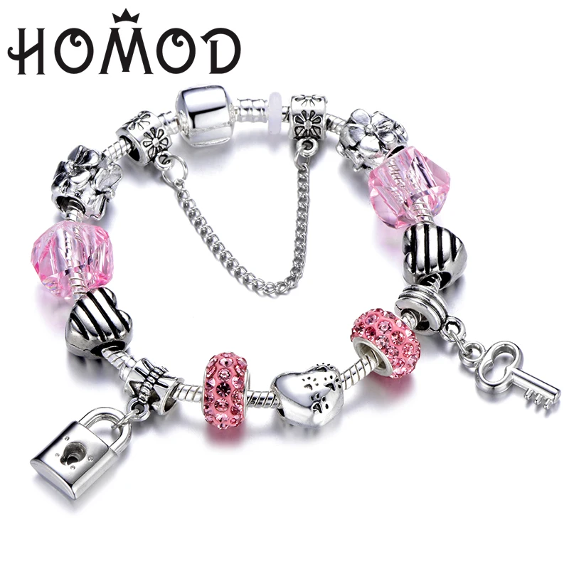 

HOMOD Lovers Silver Color Charm Bracelet & Bangles With Heart Beads Brand Bracelet for Women Jewelry Valentine's Day Gift