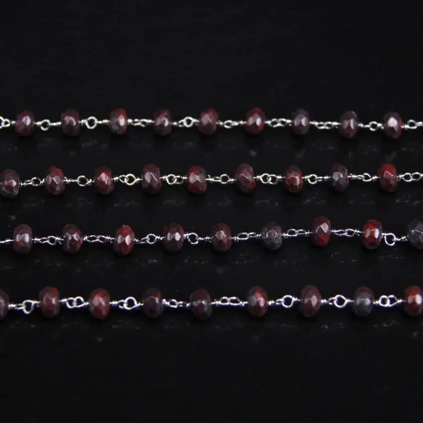 

5x8mm Size,Red Unakite Stone Faceted Rondelle Beaded Link Chain,Plating Silver with Natural Jaspers Gems Rosary Chain Necklace