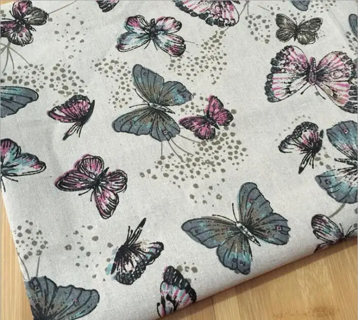 Хлопковая и льняная ткань с принтом бабочки ручная печать покраска серой ткани