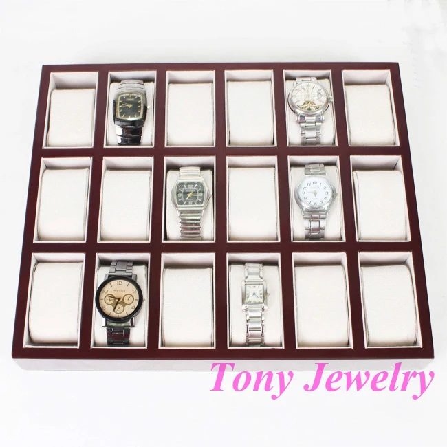 

High Quality Wooden Watch Display Tray Stand Holder For 18 Pcs