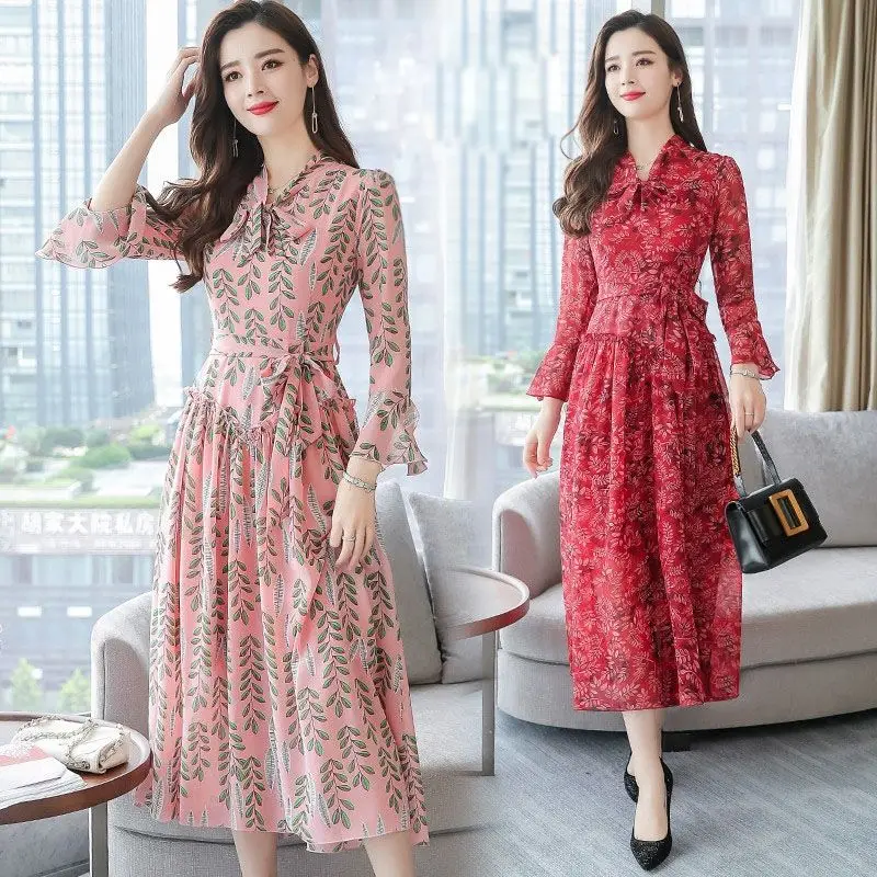 Повседневное длинное шифоновое платье с длинным рукавом в стиле бохо цветочным