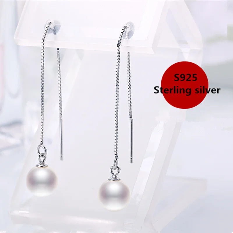 R Luxury fashion Earrings for women S925 Sterling Silver Ear line 9-10mm natural Perfect round Pearl drop Free shipping | Украшения и
