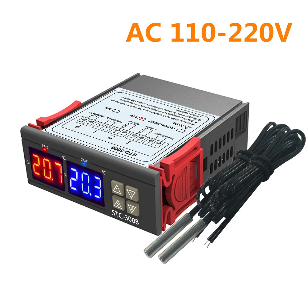 AC 110-220V STC-3008, двойной светодиодный цифровой термостат, регулятор температуры постоянного тока 12 В 24 В переменного тока 110 В 220 В, инкубатор, внутренний регулятор нагрева и охлаждения - Цвет: AC 110-220V