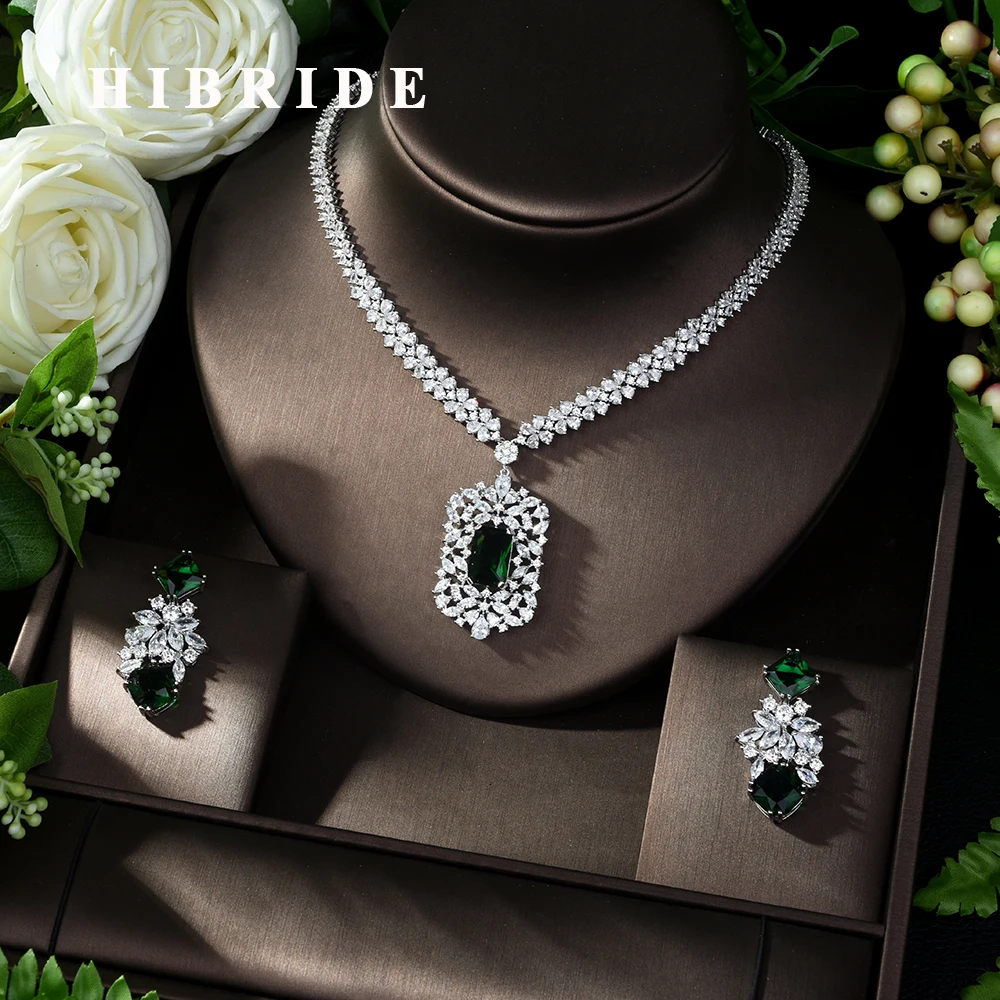 HIBRIDE Модные Зеленые AAA CZ Ювелирные наборы для женщин ожерелье набор бижутерии