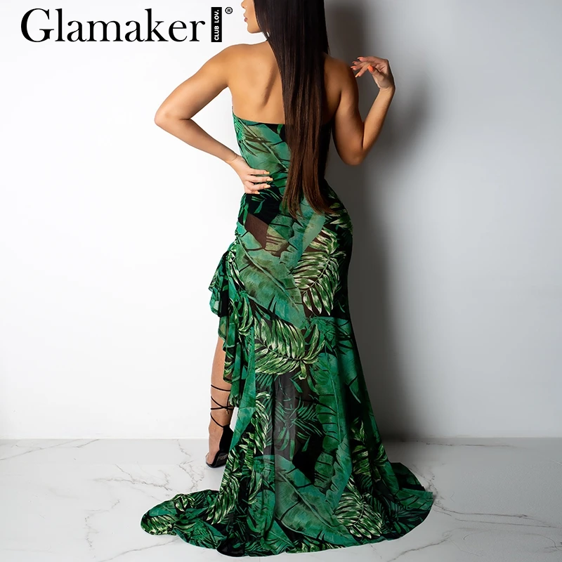 Женское длинное платье с цветочным принтом Glamaker высоким разрезом и оборками в