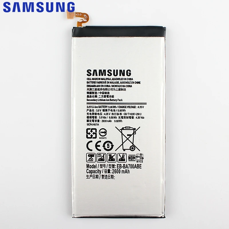 Оригинальная сменная батарея samsung для Galaxy A7 A700 A700S A700L A700FD, настоящая батарея для телефона, EB-BA700ABE, 2600 мАч