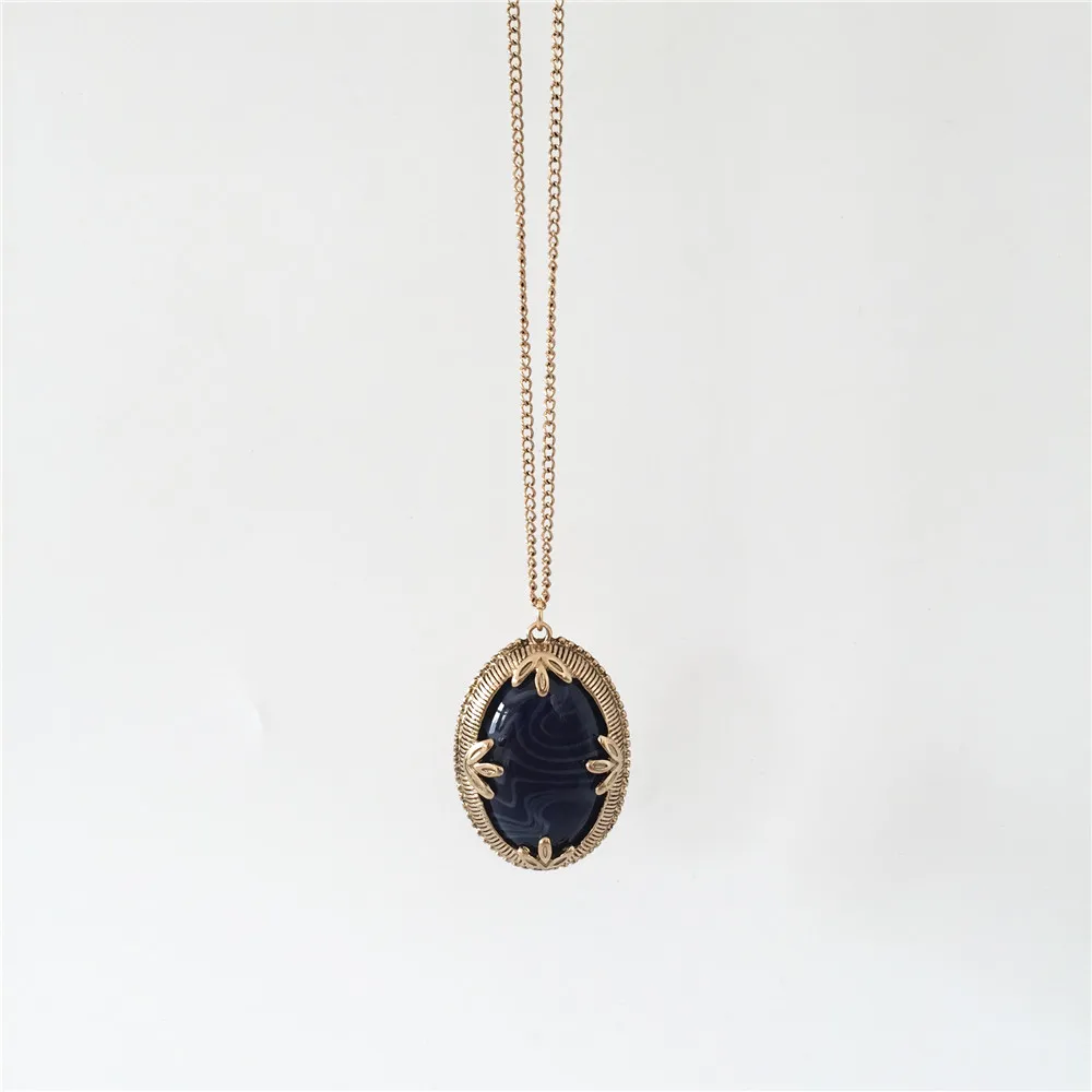 Bohemia Antique Gold Color plating Marble Navy Stone Enfold Pendant Long Necklace For Women Lady Sweater Decoration Europe Spain | Украшения