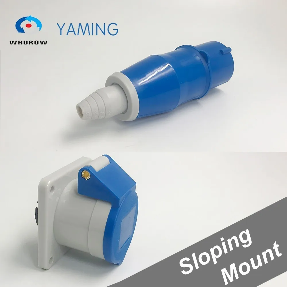 Industrial plug and socket 16A 6 pins plastic panel connector IP44 cable protected male and female surface sloping mounted