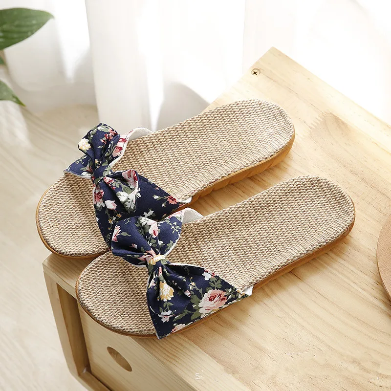 

Dropshipping Summer Beach Women Slippers Breathable Linen Flip Flops Female Casual Flax Slippers Sandals Floral Bow Indoor Shoes
