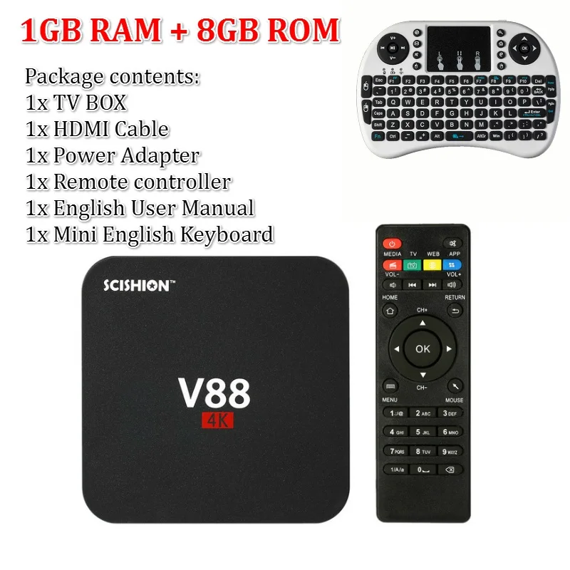 1G White EU Keyboard SCISHION V88 Android tv Box IP tv ОС Android 9,0 1 ГБ ОЗУ 8 Гб RK3229 четырехъядерный 1080P WiFi HDMI смарт ТВ приставка медиаплеер - Цвет: 1G White EU Keyboard