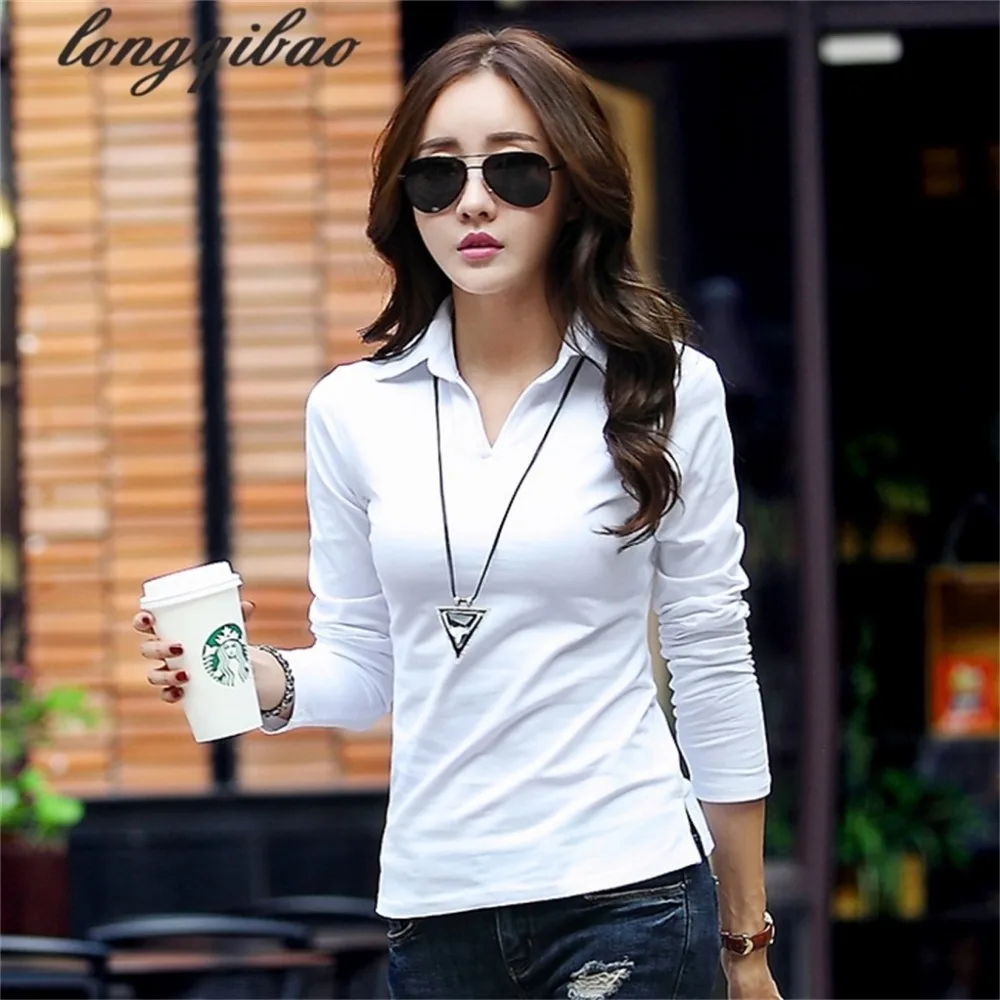 

The new autumn and winter women's primer Slim thin white POLO shirt lapel student Ms. cotton long-sleeved