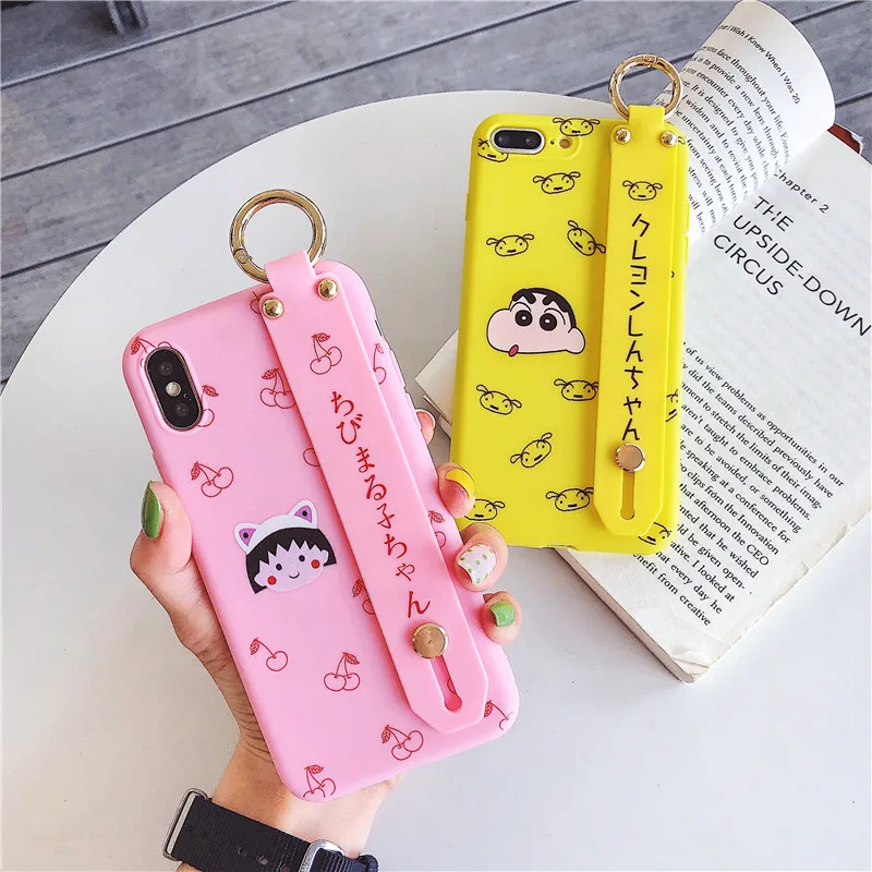Crayon Shinchan Phone Cases For iPhone 6 6S 7 8 Plus Case Soft Glossy IMD Chibi Maruko Chan X XS MAX Wrist strap |