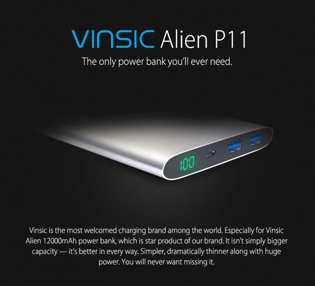 Vinsic Alien P11 ультра тонкий 12000 мАч банк питания 5 В 2.4A двойной USB внешний аккумулятор зарядное устройство для i Phone X 8 8 Plus