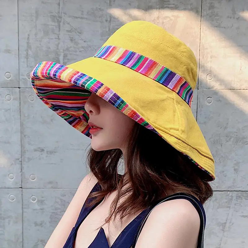 COKK Women Summer Hat Floppy Fisherman Cap Double Sided Sun Hat Female Wide Large Brim Bohemia Sunhat Beach Hat Cap Vacation New - Цвет: Цвет: желтый