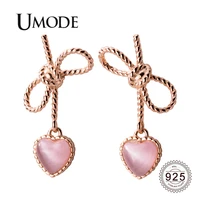 umode pink small heart sterling 925 silver drop earrings for women bowknot rope rose gold silver wedding earring jewelry ule0559