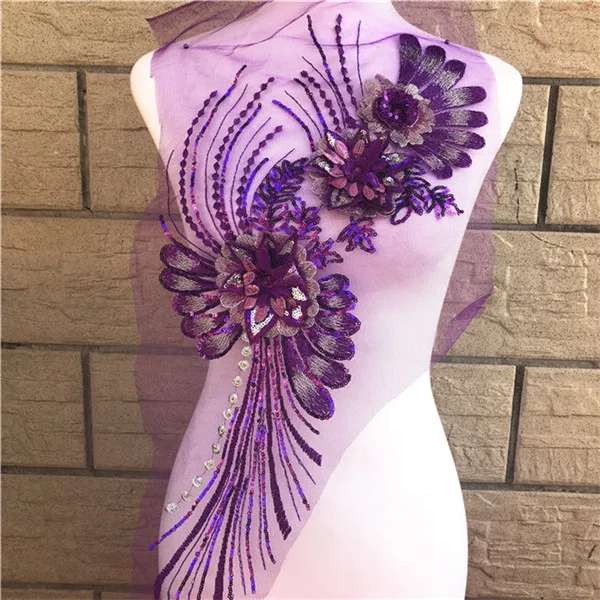 Purple 1 шт., 7 цветов, Цветочная вышивка с блестками, вырез, Кружевная аппликация, отделка воротника для свадебного вечернего платья, шитье, скрапбукинг, заплатка - Цвет: Purple