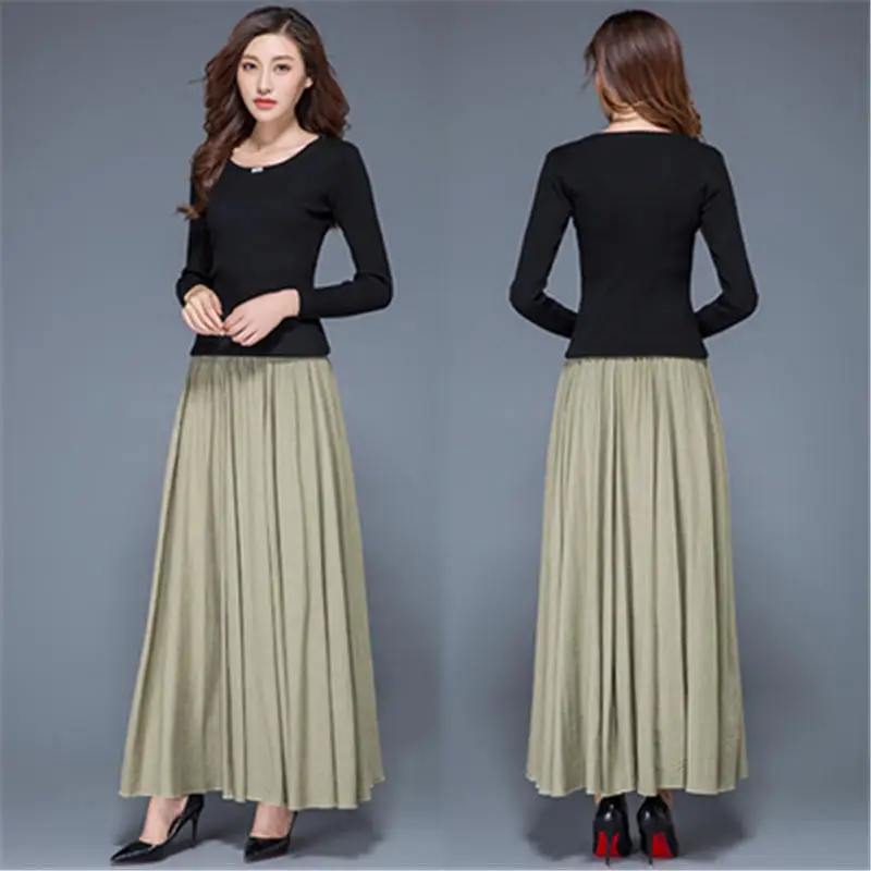 Light bean green Весенне-осенняя Длинная женская юбка Vestidos, Повседневная тонкая хлопковая льняная юбка с принтом размера плюс, юбка макси, элегантные винтажные юбки с карманами Q629 - Цвет: Light bean green