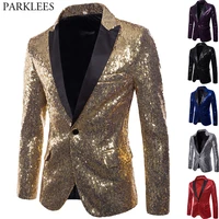 shiny gold sequin glitter embellished blazer jacket men nightclub prom suit blazer men costume homme stage clothes for singers