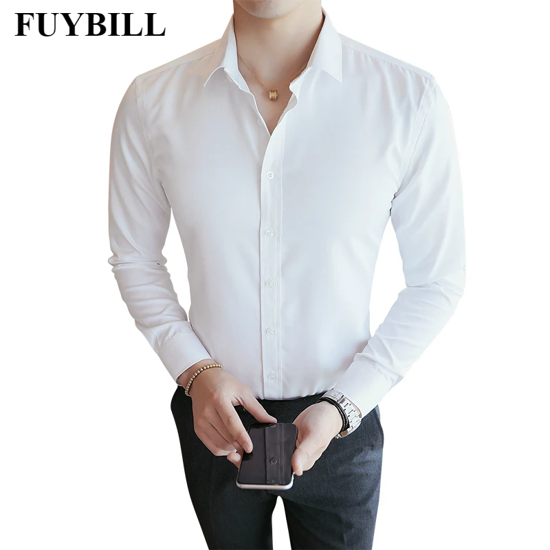 FuyBill Однотонная рубашка с длинным рукавом мужская Корейская Молодежная однобортная полиэстер тонкая деловая Повседневная Однотонная рубашка