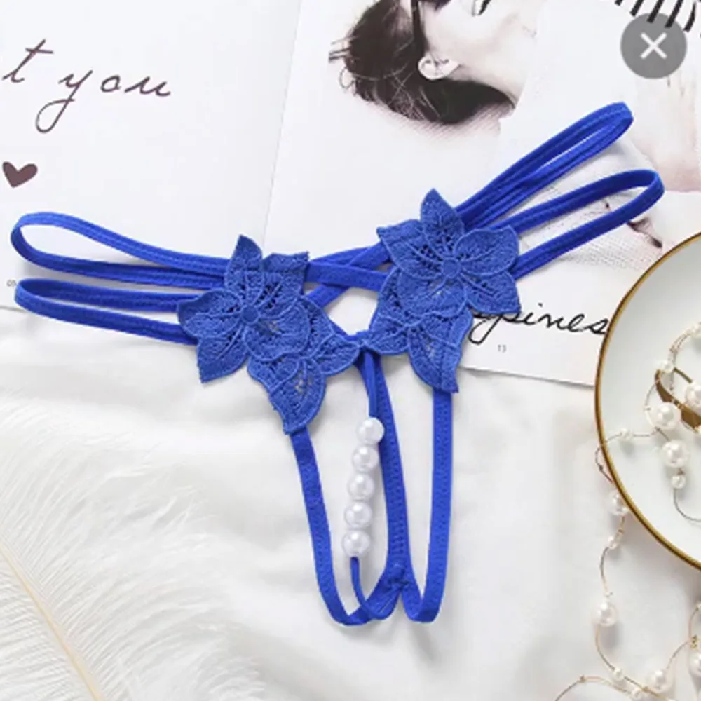 blue Сексуальные женские трусики с цветочной вышивкой, с открытой промежностью, с вырезами, с жемчугом, массажные сексуальные стринги, женское сексуальное экзотическое нижнее белье - Цвет: blue