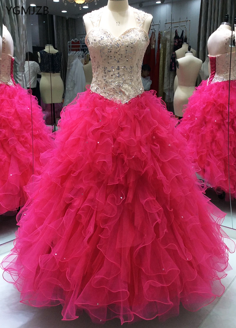 Ярко-розовые платья Quinceanera бальное платье для выпускного вечера 2018 украшенное