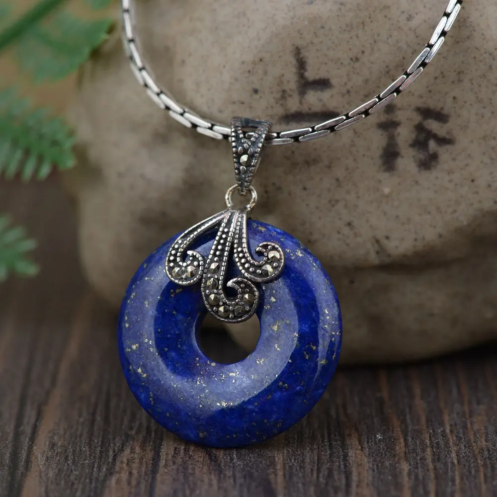 Круглая Подвеска из серебра 925 пробы с лазуритом 100%|thai silver pendant|pendants for womenf pendant |