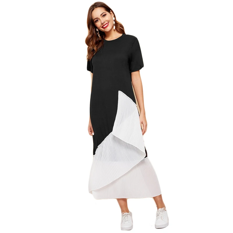 SHEIN Черное и белое Плиссированное длинное летнее скромное платье, женское весенне-летнее платье свободного кроя с цветными блоками